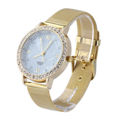 Women Rhinestone Gold Plated Metal Wrist Watch