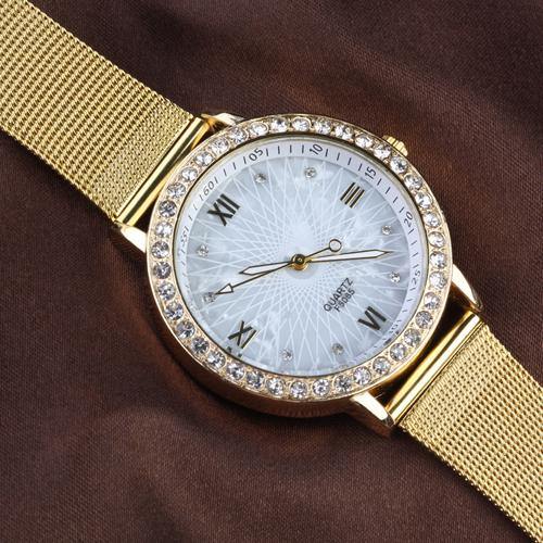 Women Rhinestone Gold Plated Metal Wrist Watch