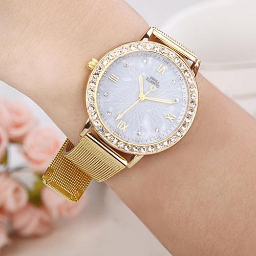 Women Rhinestone Gold Plated Metal Wrist Watch